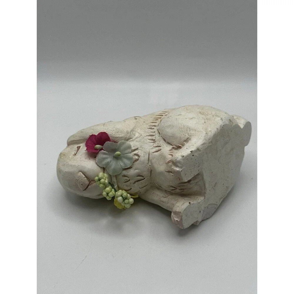 Vintage Bisque Rabbit Figurine w/ Fabric Flowers Sleeping Bunny Easter Decor